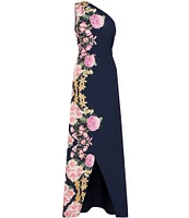 Kay Unger Stretch Crepe Floral Border Print One Shoulder Sleeveless Gown