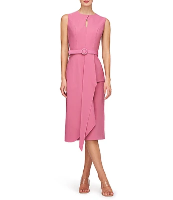 Kay Unger Stretch Crepe Keyhole Neck Sleeveless Drape Ruffle Side Slit Belted Dress