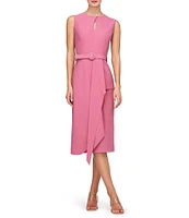 Kay Unger Stretch Crepe Keyhole Neck Sleeveless Drape Ruffle Side Slit Belted Dress