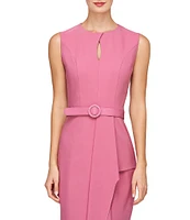 Kay Unger Stretch Crepe Keyhole Neck Sleeveless Drape Ruffle Side Slit Belted Dress