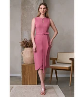 Kay Unger Stretch Crepe Keyhole Neck Sleeveless Drape Ruffle Side Slit Belted Dress