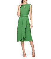 Kay Unger Stretch Crepe Keyhole Neck Sleeveless Drape Ruffle Side Slit Belted Dress