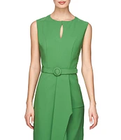 Kay Unger Stretch Crepe Keyhole Neck Sleeveless Drape Ruffle Side Slit Belted Dress