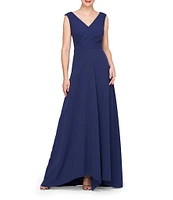 Kay Unger Stretch Crepe Pleated Wrap V-Neck Sleeveless Asymmetric Drape Hem Gown