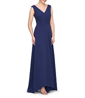 Kay Unger Stretch Crepe Pleated Wrap V-Neck Sleeveless Asymmetric Drape Hem Gown