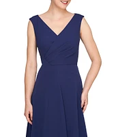 Kay Unger Stretch Crepe Pleated Wrap V-Neck Sleeveless Asymmetric Drape Hem Gown