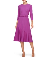 Kay Unger Stretch Crepe Round Neck 3/4 Sleeve Side Pocket Belted Asymmetrical Ruffle Hem Midi Dress