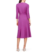 Kay Unger Stretch Crepe Round Neck 3/4 Sleeve Side Pocket Belted Asymmetrical Ruffle Hem Midi Dress