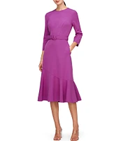 Kay Unger Stretch Crepe Round Neck 3/4 Sleeve Side Pocket Belted Asymmetrical Ruffle Hem Midi Dress