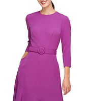 Kay Unger Stretch Crepe Round Neck 3/4 Sleeve Side Pocket Belted Asymmetrical Ruffle Hem Midi Dress