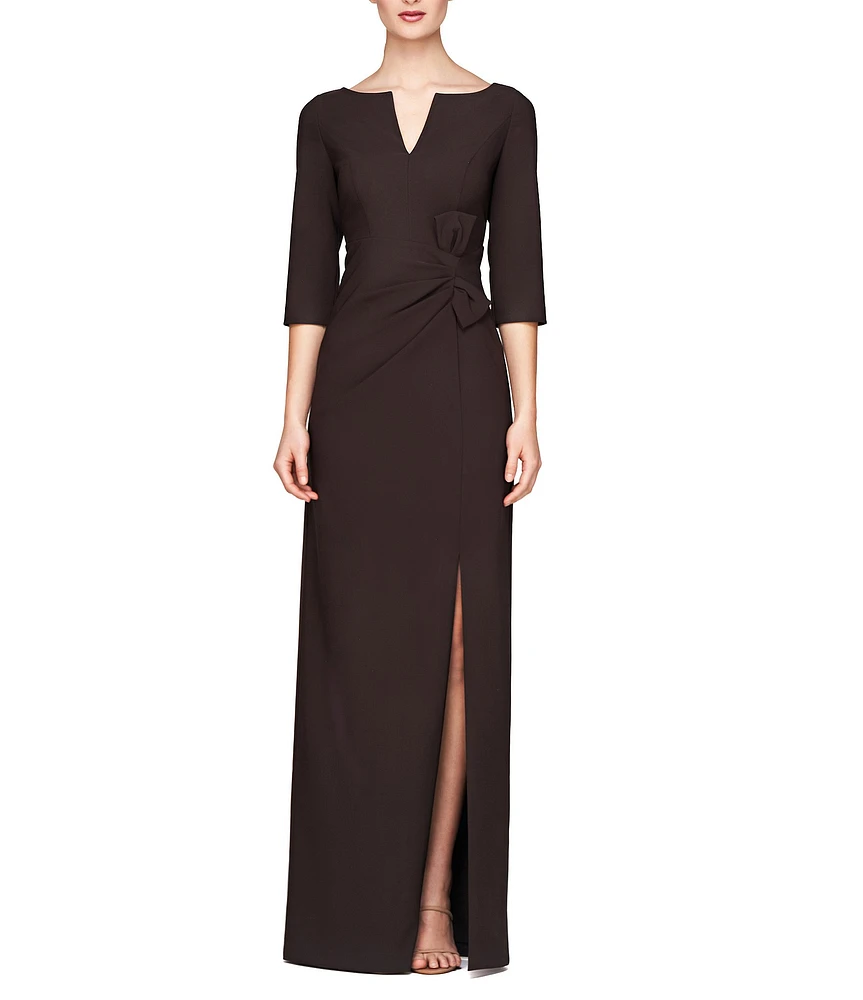 Kay Unger Stretch Crepe Split V-Neck 3/4 Sleeve Front Slit Hem 3D Bow Column Gown