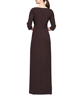 Kay Unger Stretch Crepe Split V-Neck 3/4 Sleeve Front Slit Hem 3D Bow Column Gown