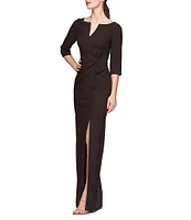 Kay Unger Stretch Crepe Split V-Neck 3/4 Sleeve Front Slit Hem 3D Bow Column Gown