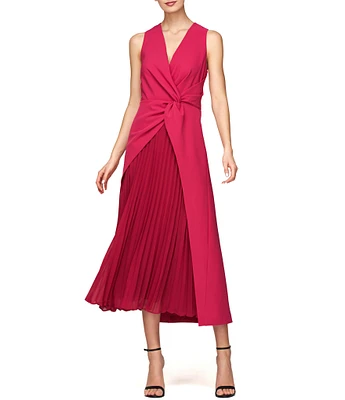 Kay Unger Stretch Crepe Surplice V-Neck Sleeveless Twist Waist Pleated Chiffon Asymmetrical Hem Midi Dress