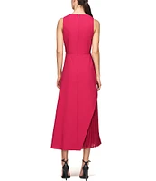 Kay Unger Stretch Crepe Surplice V-Neck Sleeveless Twist Waist Pleated Chiffon Asymmetrical Hem Midi Dress