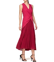 Kay Unger Stretch Crepe Surplice V-Neck Sleeveless Twist Waist Pleated Chiffon Asymmetrical Hem Midi Dress