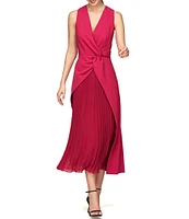 Kay Unger Stretch Crepe Surplice V-Neck Sleeveless Twist Waist Pleated Chiffon Asymmetrical Hem Midi Dress