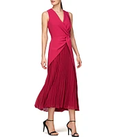 Kay Unger Stretch Crepe Surplice V-Neck Sleeveless Twist Waist Pleated Chiffon Asymmetrical Hem Midi Dress