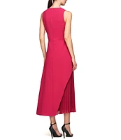 Kay Unger Stretch Crepe Surplice V-Neck Sleeveless Twist Waist Pleated Chiffon Asymmetrical Hem Midi Dress