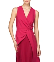 Kay Unger Stretch Crepe Surplice V-Neck Sleeveless Twist Waist Pleated Chiffon Asymmetrical Hem Midi Dress