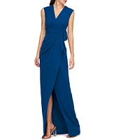 Kay Unger Stretch Crepe V-Neck Sleeveless Pleated Ruffle Column Gown