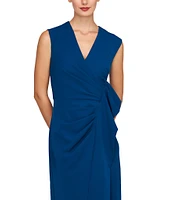 Kay Unger Stretch Crepe V-Neck Sleeveless Pleated Ruffle Column Gown