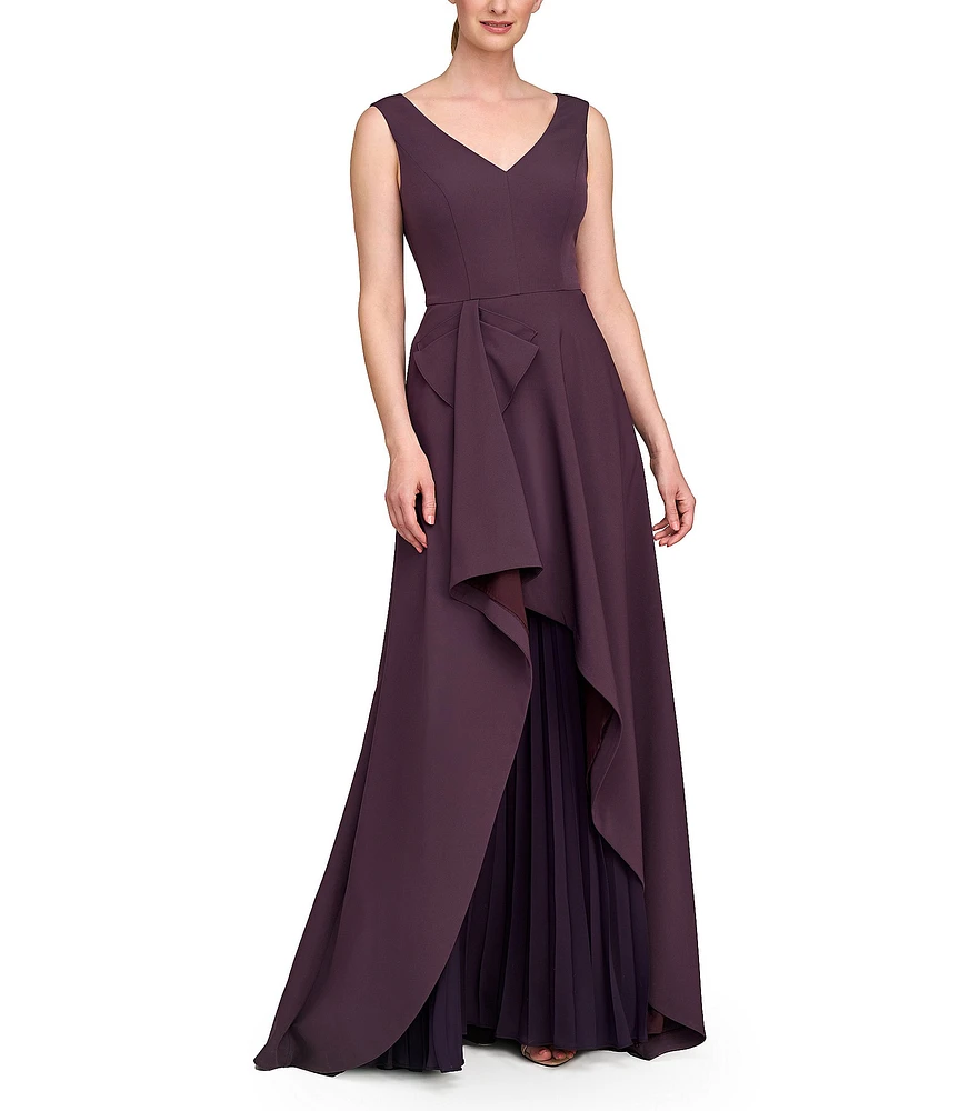 Kay Unger Stretch Crepe V-Neck Sleeveless Ruffle Flared Chiffon Underlay Ball Gown