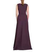 Kay Unger Stretch Crepe V-Neck Sleeveless Ruffle Flared Chiffon Underlay Ball Gown