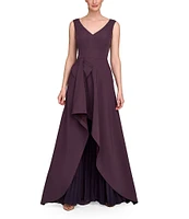 Kay Unger Stretch Crepe V-Neck Sleeveless Ruffle Flared Chiffon Underlay Ball Gown