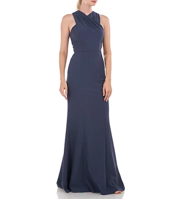 Kay Unger Stretch Sleeveless Criss Cross Halter Neck Gown