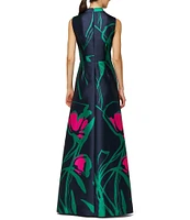 Kay Unger Sutton Large Abstract Floral Mikado V-Notch Collared Sleeveless Jumpsuit