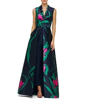 Kay Unger Sutton Large Abstract Floral Mikado V-Notch Collared Sleeveless Jumpsuit