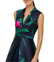 Kay Unger Sutton Large Abstract Floral Mikado V-Notch Collared Sleeveless Jumpsuit