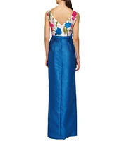 Kay Unger Tabitha Iris Jacquard Floral Bateau Neck Bow Sash Waist Column Gown