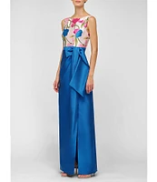 Kay Unger Tabitha Iris Jacquard Floral Bateau Neck Bow Sash Waist Column Gown