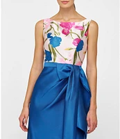 Kay Unger Tabitha Iris Jacquard Floral Bateau Neck Bow Sash Waist Column Gown