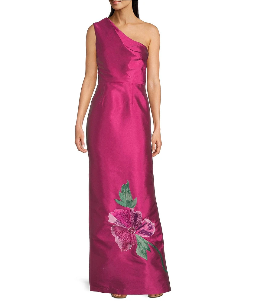 Kay Unger Taffeta Beaded Floral Placement Print One Shoulder Neck Sleeveless Column Gown