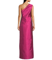 Kay Unger Taffeta Beaded Floral Placement Print One Shoulder Neck Sleeveless Column Gown