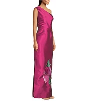 Kay Unger Taffeta Beaded Floral Placement Print One Shoulder Neck Sleeveless Column Gown