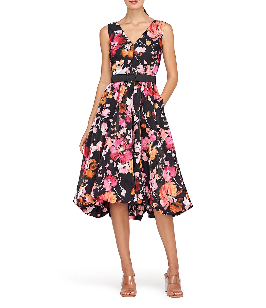 Kay Unger Viola Floral Print Organza V-Neck Sleeveless Belted High Low Bubble Hem Dress