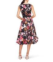 Kay Unger Viola Floral Print Organza V-Neck Sleeveless Belted High Low Bubble Hem Dress