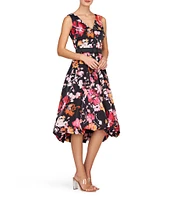 Kay Unger Viola Floral Print Organza V-Neck Sleeveless Belted High Low Bubble Hem Dress