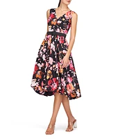 Kay Unger Viola Floral Print Organza V-Neck Sleeveless Belted High Low Bubble Hem Dress