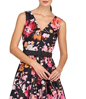 Kay Unger Viola Floral Print Organza V-Neck Sleeveless Belted High Low Bubble Hem Dress