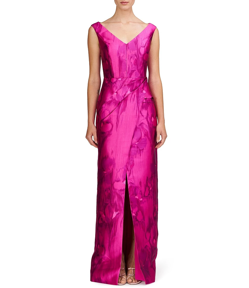 Kay Unger V-Neck Abstract Floral Mikado Pleated Waist Front Slit Column Gown