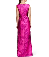 Kay Unger V-Neck Abstract Floral Mikado Pleated Waist Front Slit Column Gown