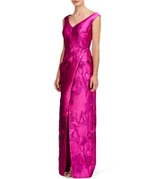 Kay Unger V-Neck Abstract Floral Mikado Pleated Waist Front Slit Column Gown