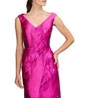 Kay Unger V-Neck Abstract Floral Mikado Pleated Waist Front Slit Column Gown