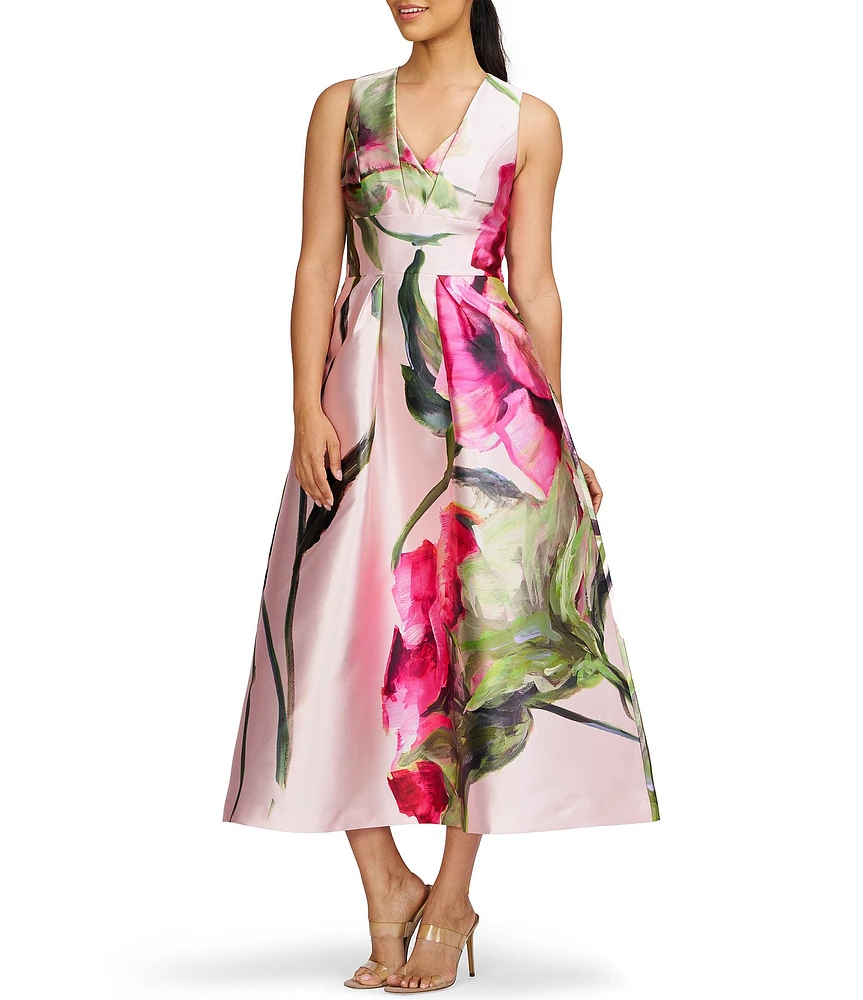 Kay Unger Vneck Sleeveless Floral Placement Print Fit & Flare Midi Dress