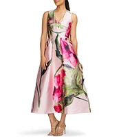 Kay Unger Vneck Sleeveless Floral Placement Print Fit & Flare Midi Dress